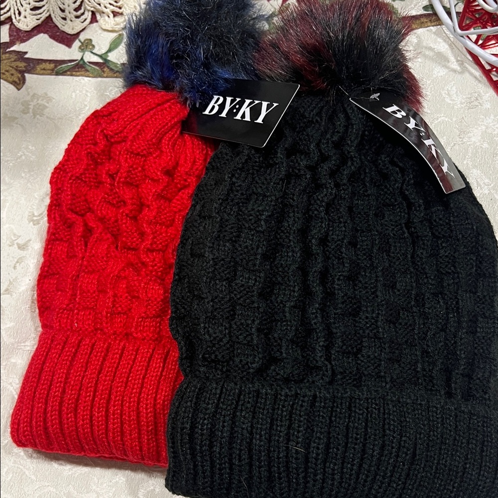 BY:KY Red and Black Knit Beanies with Pom Poms